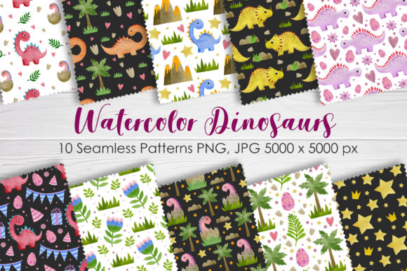 Watercolor Dinosaurs Seamless Patterns